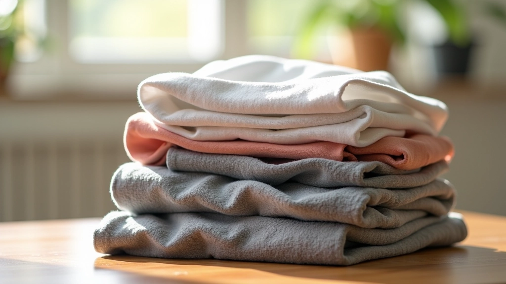 Casual clothing displayed on wooden table with morning light, folded cream and charcoal pieces showing fabric texture and quality detail