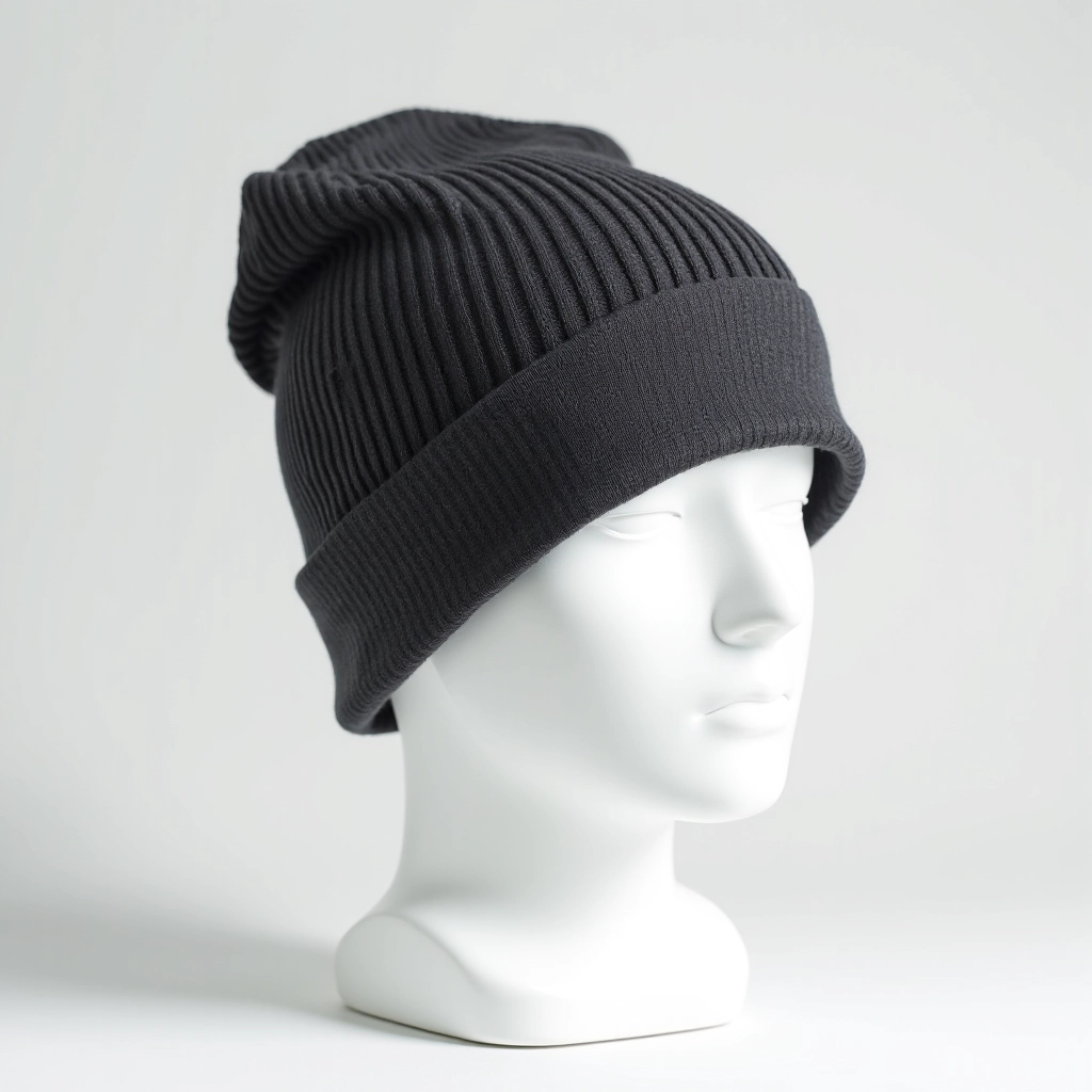 Charcoal beanie styled on mannequin head showing how it sits, with folded cuff covering ears and forehead
