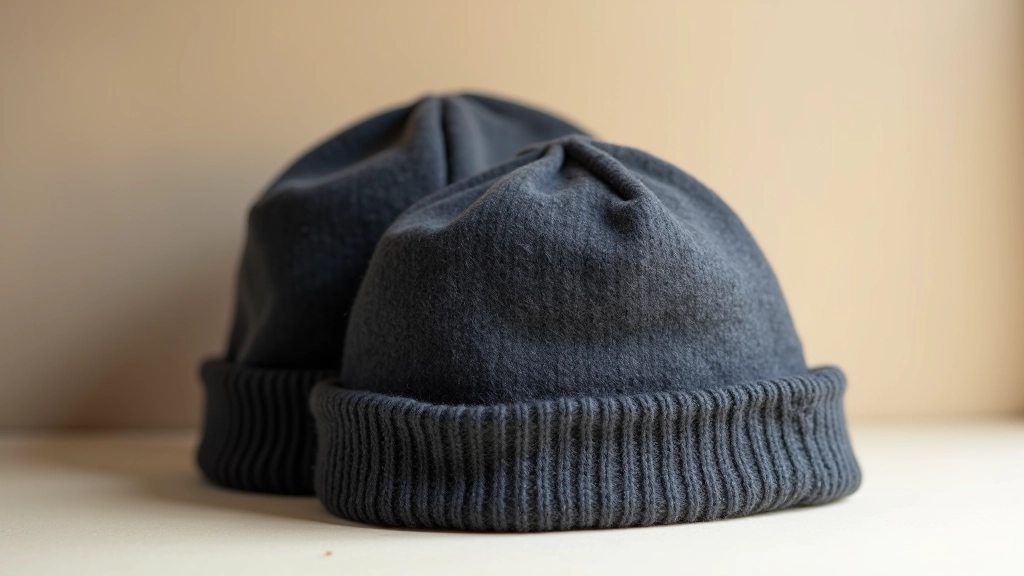 Merino wool beanies in charcoal and neutral colorways stacked together