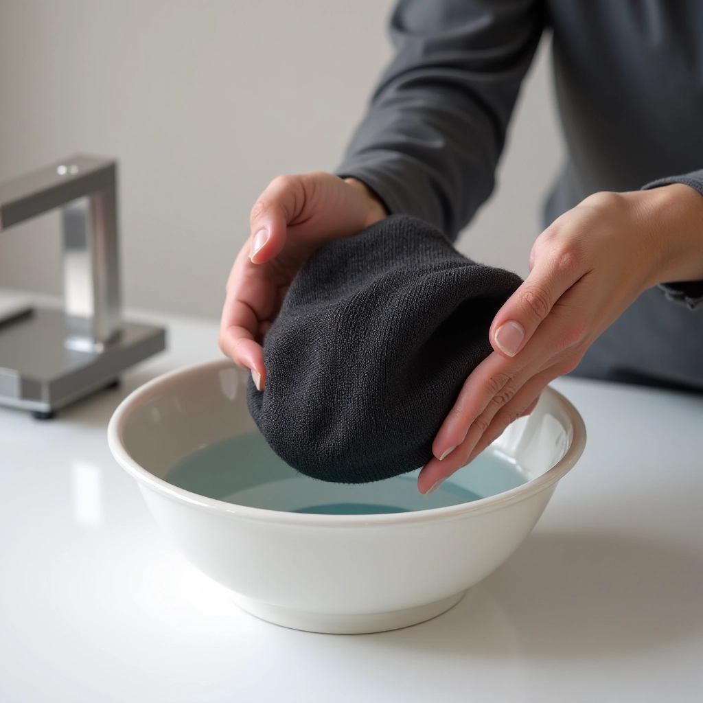 Hands gently washing a charcoal beanie in a basin of cool water with care instructions visible