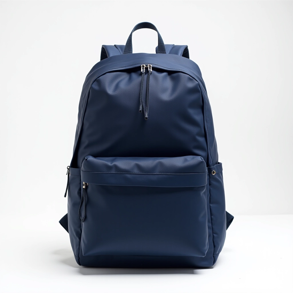 Navy blue backpack with visible zippers and padded straps, studio lighting on white background