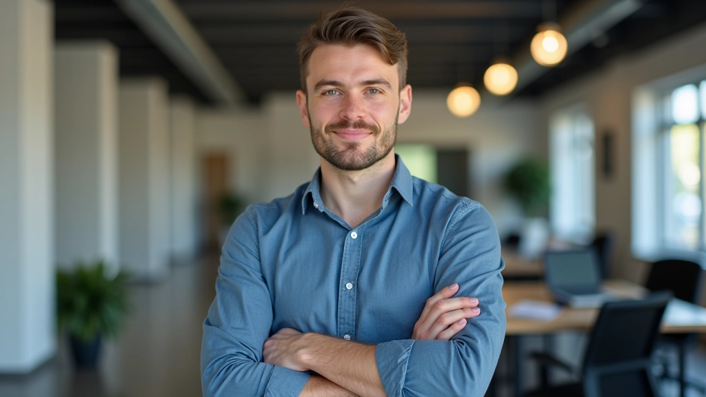 Operations manager, professional portrait from chest up, confident pose, arms crossed, office setting, crisp lighting